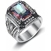 HETIMXIA Iced Out Multi-Color Stone Rings for Men - 316 Stainless Steel Square Pattern Religion's Rings