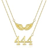 JIYVY32 14K Gold Angel Number Layered Necklace for Women, Double Chain Stack Angel Wings Pendant Necklace, Lucky Numerology Jewelry Gifts For Birthday Christmas Birthday