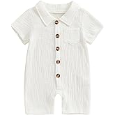 Honganda Summer Baby Boy Cotton Linen Jumpsuit Short Sleeve Button Down Playsuit Romper One Piece Outfit 0-24M
