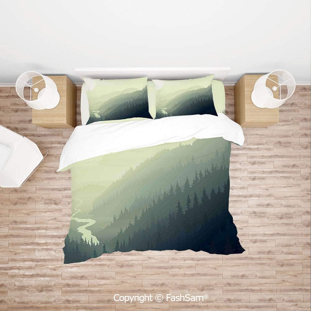 FashSam Duvet Cover 4 Pcs Comforter Cover Set Aerial View of Pine Trees on The Valley with River in Morning Fog Mist Artwork for Boys Grils Kids(Queen)