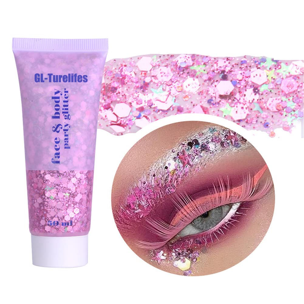 GL-Turelifes Chunky Glitter Gel Glitter Body Gel Festival Glitter Cosmetic Face Hair Nails Makeup Mermaid Sequins Liquid Eyeshadow Long Lasting Sparkling 50ml Easy to Apply, Easy to Remove (#03 Pink) — image 1