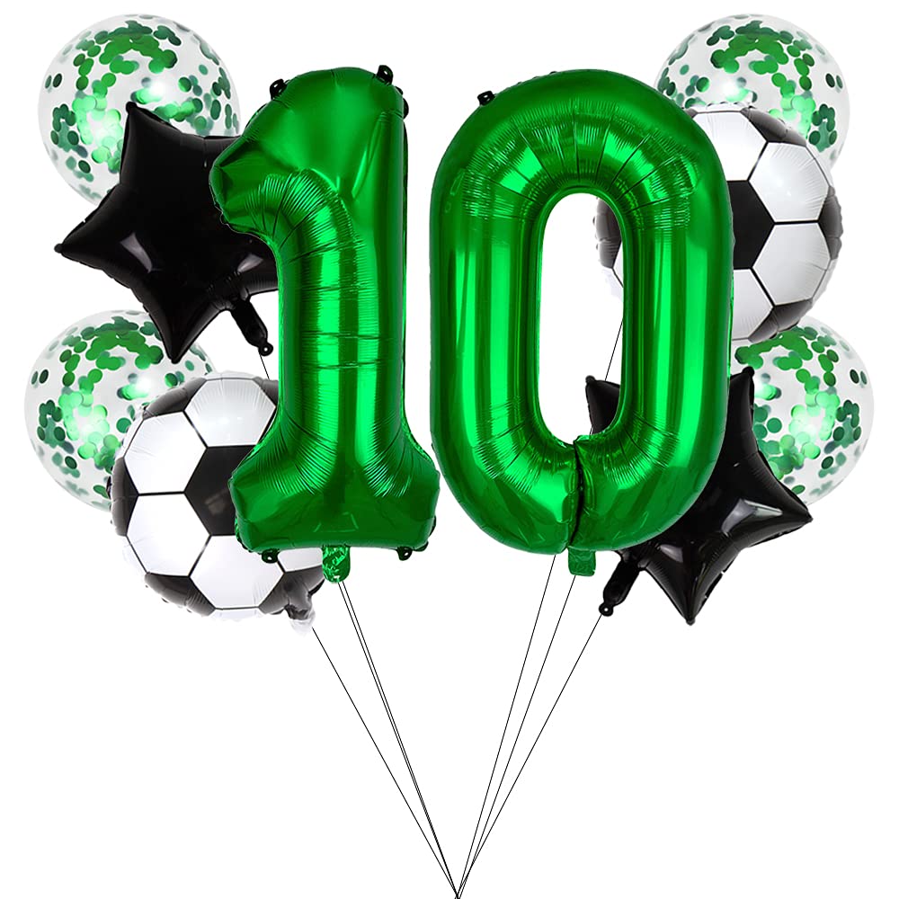 Liitata 10th Football Birthday Decorations Football Party Balloon Dark Green Number 10 Foil Balloon Black Star Ballon Sequin Balloon for Kids Boys Birthday Football Party Supplies