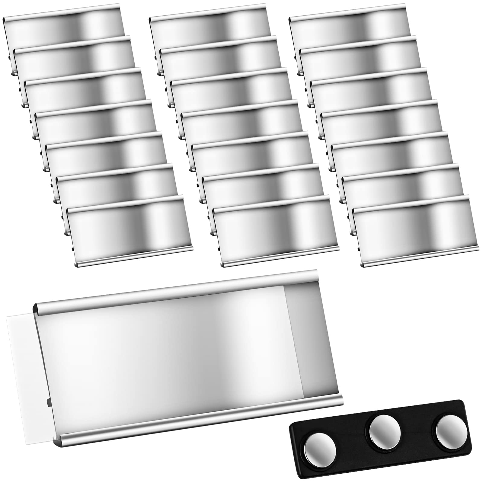 Aluminium Name Badges with Double Magnets Magnetic Name Badge with Paper Slot Anodised Transparent Name Badge, 72 x 32 mm, Silver (20 Pcs)