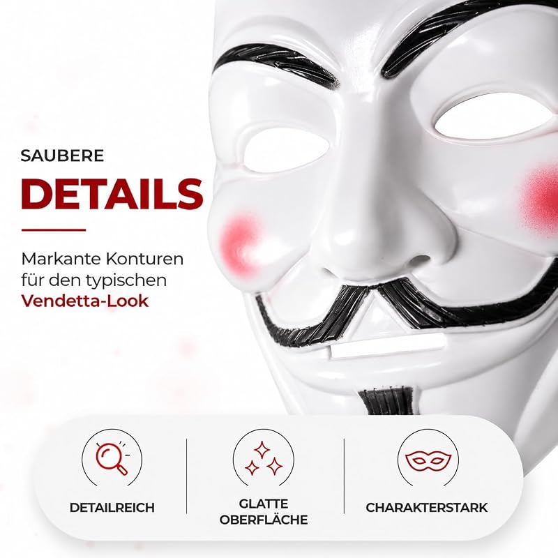 Vendetta Maske als Kostüm Accessoire für Damen & Herren, Kinder & Erwachsene an Anonymous Halloween & Fasching & Karneval — Foto 8 von 8