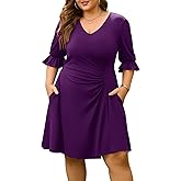 Baosuu Women's Plus Size Dress V-Neck 3/4 Bell Sleeve Ruched Waist Flowy Midi Cocktail Party Casual Dress