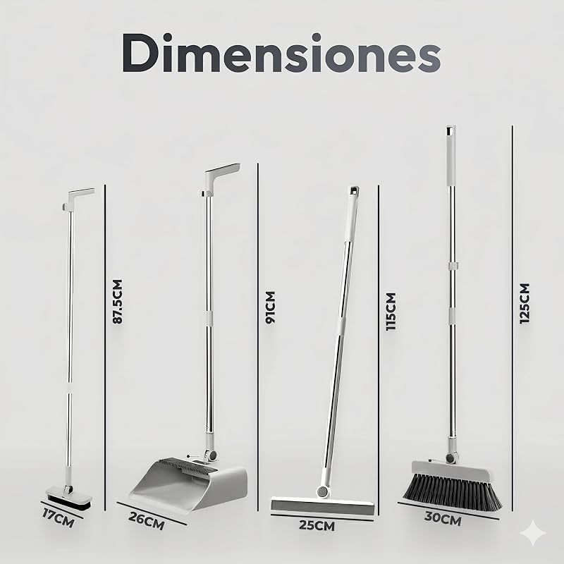 Escoba y Recogedor Plegable 3 en 1 con Cepillo Extraíble y Limpiacristales Oculto - Mango Telescópico de 126 cm y Rotación de 180º - Limpieza del Hogar Oficina