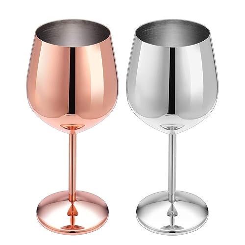 D L D Stainless Steel Red Wine Glass Metal Stemmed Wine Glasses Shatter Proof White Red Wine Cocktail Glasses Unbreakable BPA Free Goblets Juice Drink Champagne Goblet Party Barware (Rose gold+Silver)