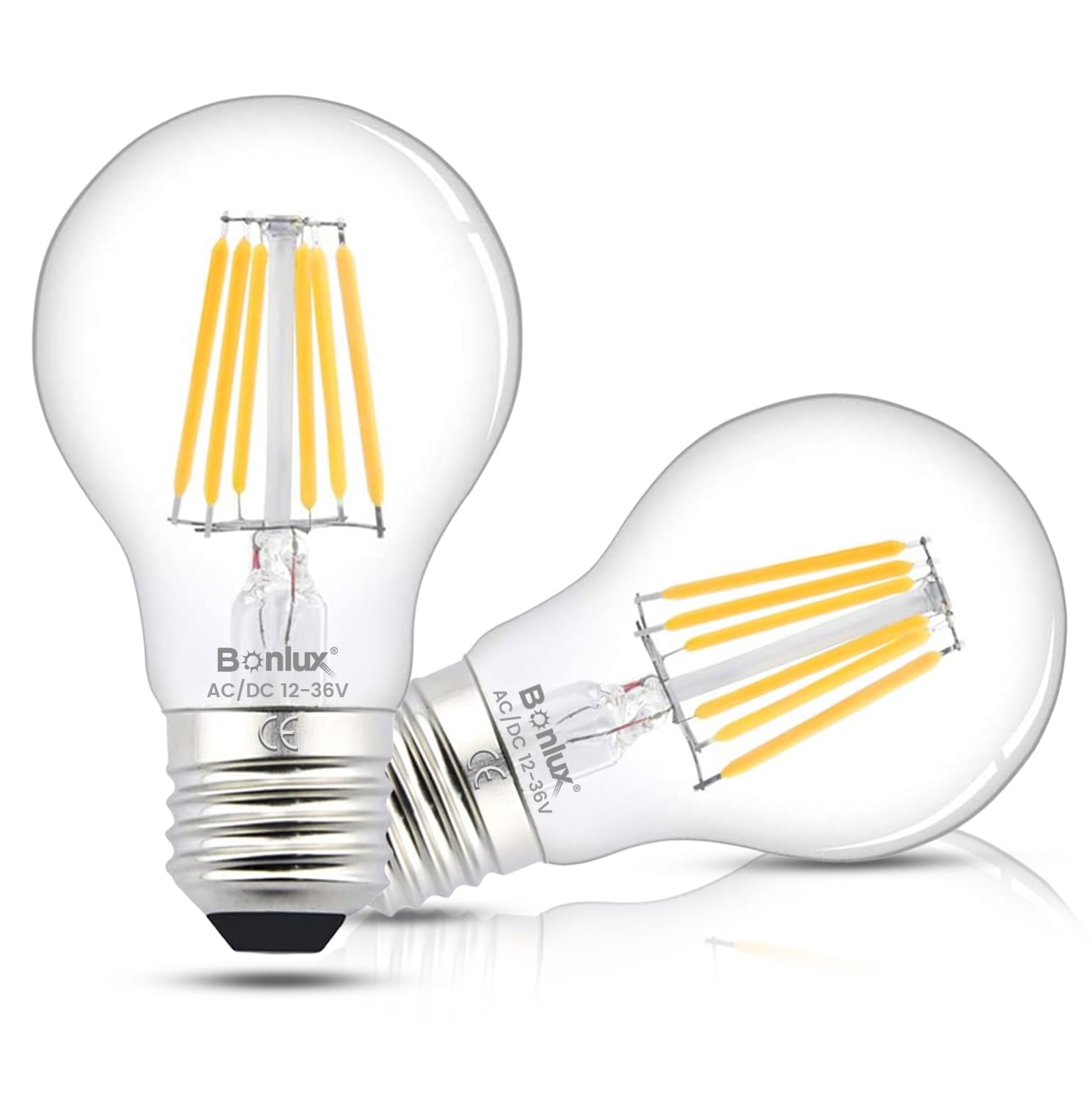 Bonlux 6W A60 E27 LED Light Bulbs AC/DC 12-24V Non-Dimmable Edison Screw LED Filament Bulb Warm White 2700K Vintage Bulb 360 Degree for RV Camper Marine Yacht Lorry (2-Pack)