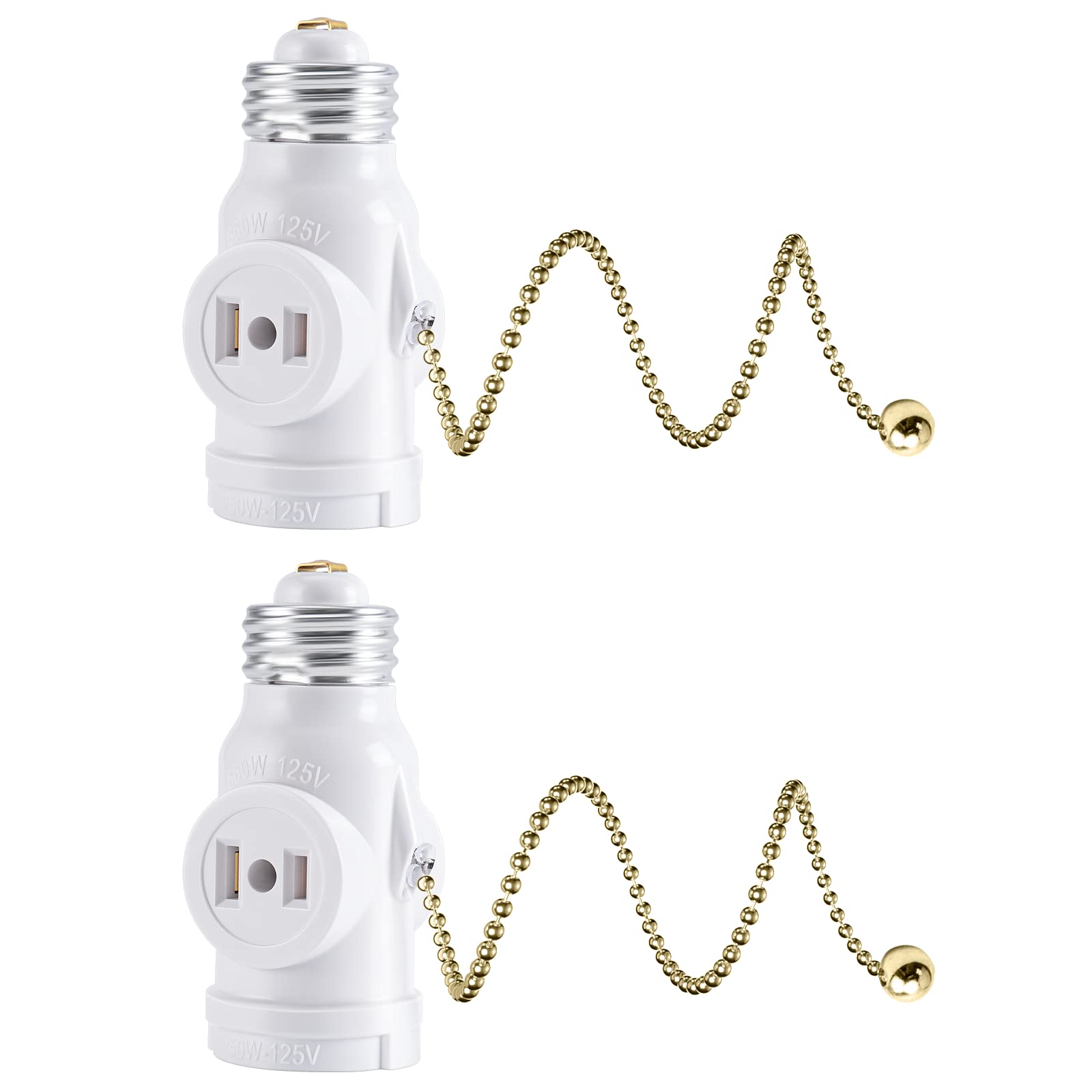 Photo 1 of DiCUNO E26 Light Socket to Plug Adapter, 2 Polarized Outlet Bulb Splitter, UL Listed, Gold Pull Chain Switch Control Light Bulb, Standard (Medium) E26 Base to 2-Prong Outlets Converter, White, 2-Pack