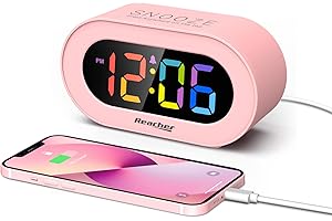 REACHER Pink Girls Alarm Clock, Dimmable Colorful LED Digital Display, USB Phone Charger Port, Simple Operation for Kids, Adults, Adjustable Volume, Snooze, Small Size for Bedrooms, Bedside, Desk
