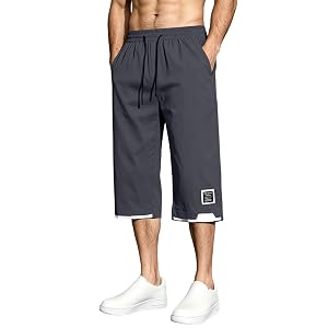 Men's Capri Pants Quick Dry Elastic Waist 3/4 Length Capris Workout Training Hiking Summer Long Shorts with Pockets