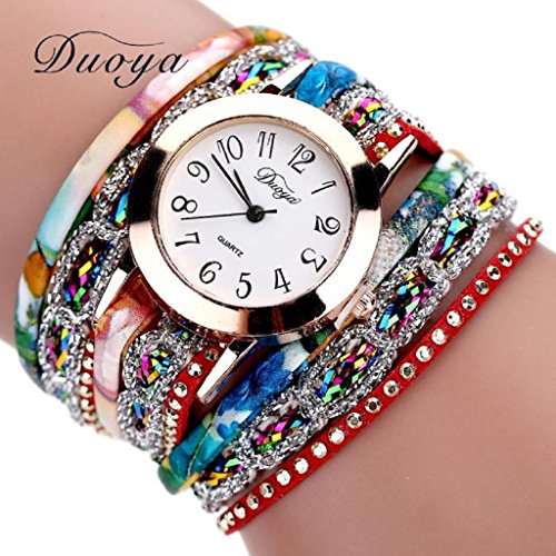 Clearance Sale!Women Watches,Shinericed Women's Flower Popular Quartz Watch Luxury Flower Gemstone Bracelet Wristwatches (Red)