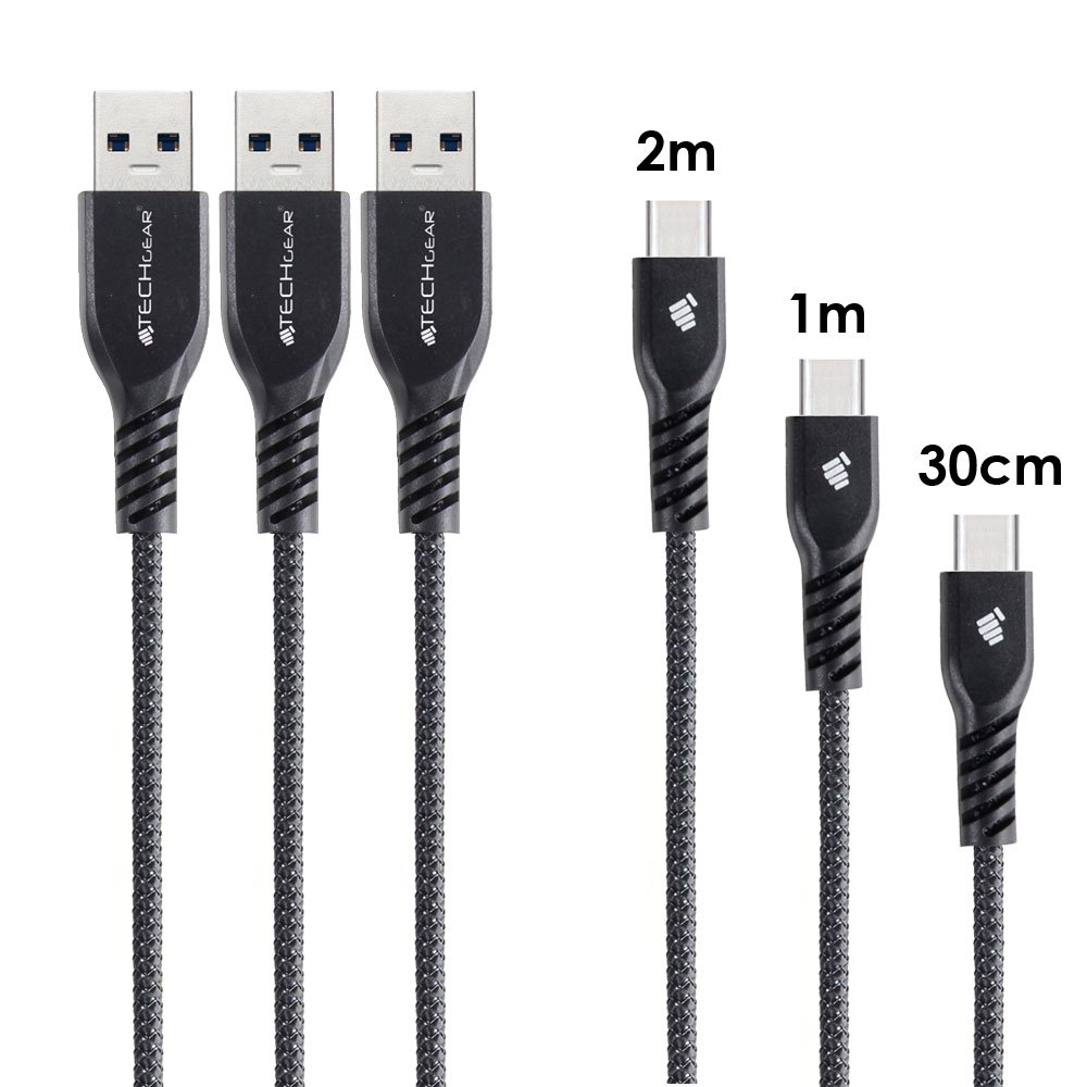 TECHGEAR 3 Pack STRONG Durable Braided USB C Charging & Data Sync Cables (30cm/1m/2m) Compatible with Samsung Tab S6 Lite, Tab A9 Plus / A9 A8 A7 / Lite, S9 S8 S7 Plus/Ultra, Active 3 4 5 Pro, Black