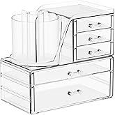 Clear Acrylic Makeup Organizers for Vanity,Countertop,3 Pack Make up Drawer Organizer With Makeup Brush Holder,Plastic Skincare Organizers for Hair Accessories,Beauty,Hair Products,Bathroom,Dresser