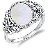 MILKYX Genuine Moonstone Boho Rings, Sterling Silver Leaf Vintage Rings Healing Gemstone Real Jewelry for Women