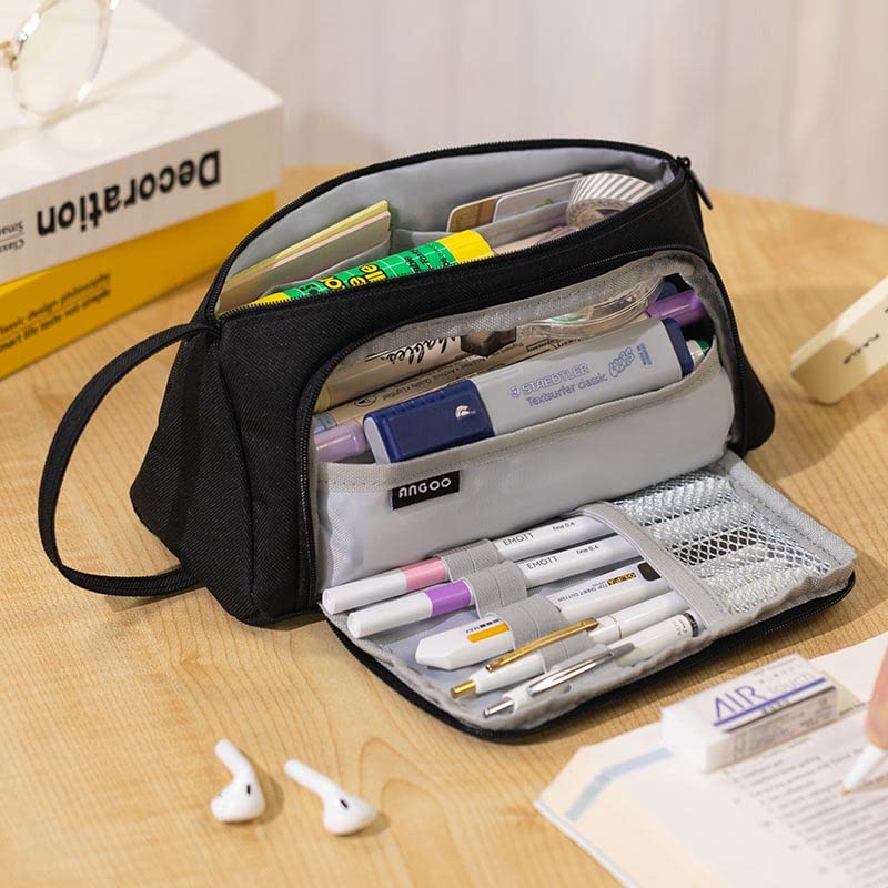 ANGOOBABY Pencil Case Handheld Pencil Pouch Multi-slot Pen Bag Stationery Storage for Teen Student College Office Adults - Black