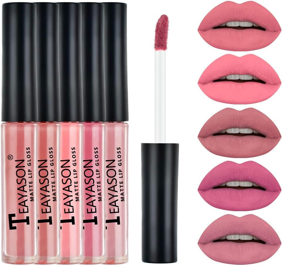 HANANei 5Pcs Matte Liquid Lipstick Set Waterproof Long Lasting Matte Lipstick, Fashionable Colors Lipsticks Set,Matte Lip Gloss Beauty Makeup