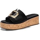 Coutgo Womens Platform Sandals Cork Beach Slip on Wedges Metal Buckle Slides Open Toe Summer Shoes, Black, Size 7