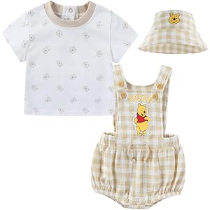 Disney Winnie the Pooh Baby Boys Shortall Overalls with Shirt and Hat 3-Piece Set for Newborn Infant