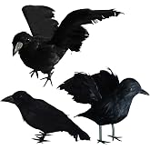 FUNPENY Halloween Black Feathered Crows, 3 Pack Black Crows with Real Feather Halloween Decoration for Indoor Outdoor