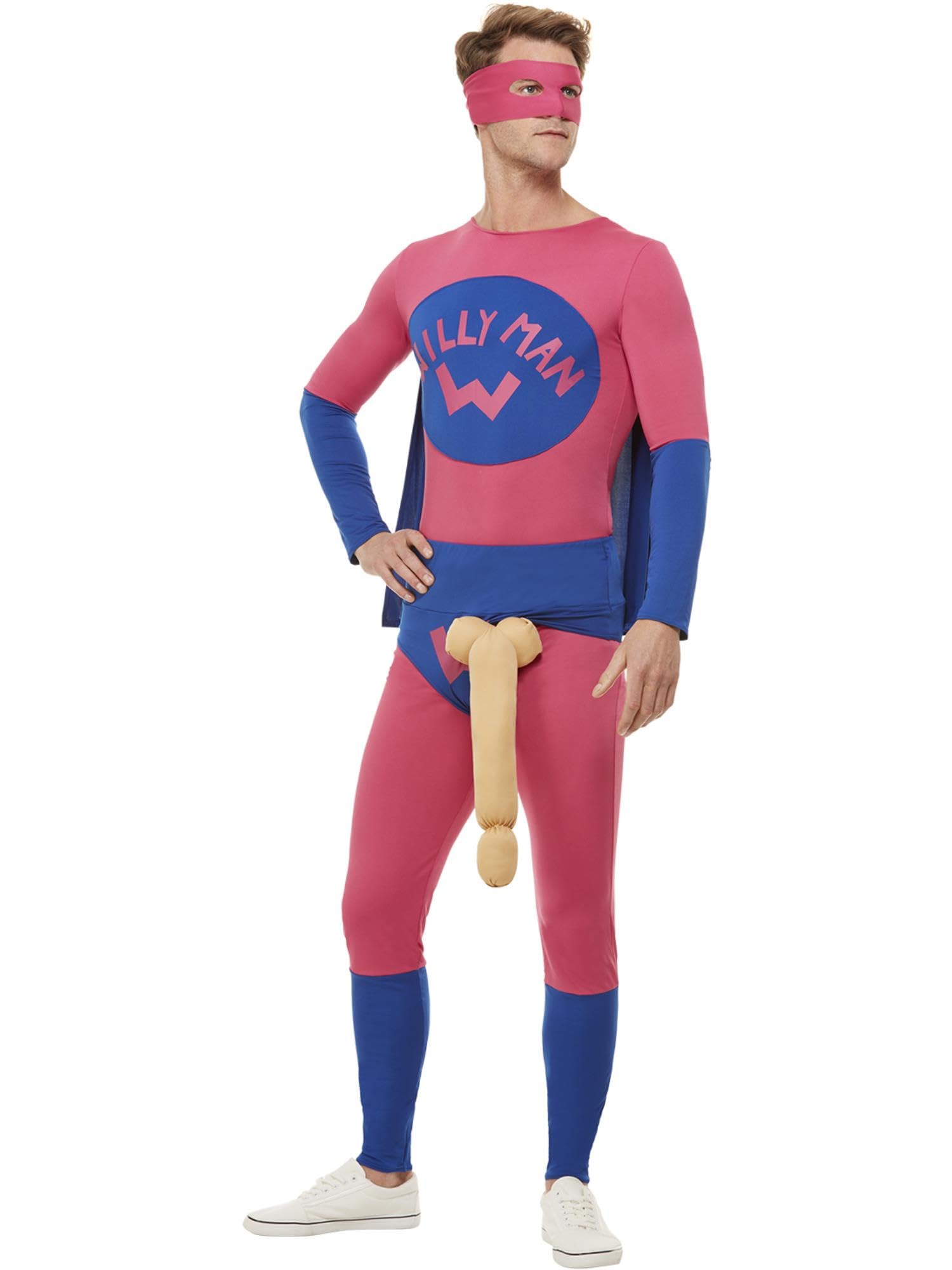 Smiffys Willyman Superhero Costume, Pink & Blue with Bodysuit, Eyemask & Overpants, Funny Fancy Dress, Adult Dress Up Costumes
