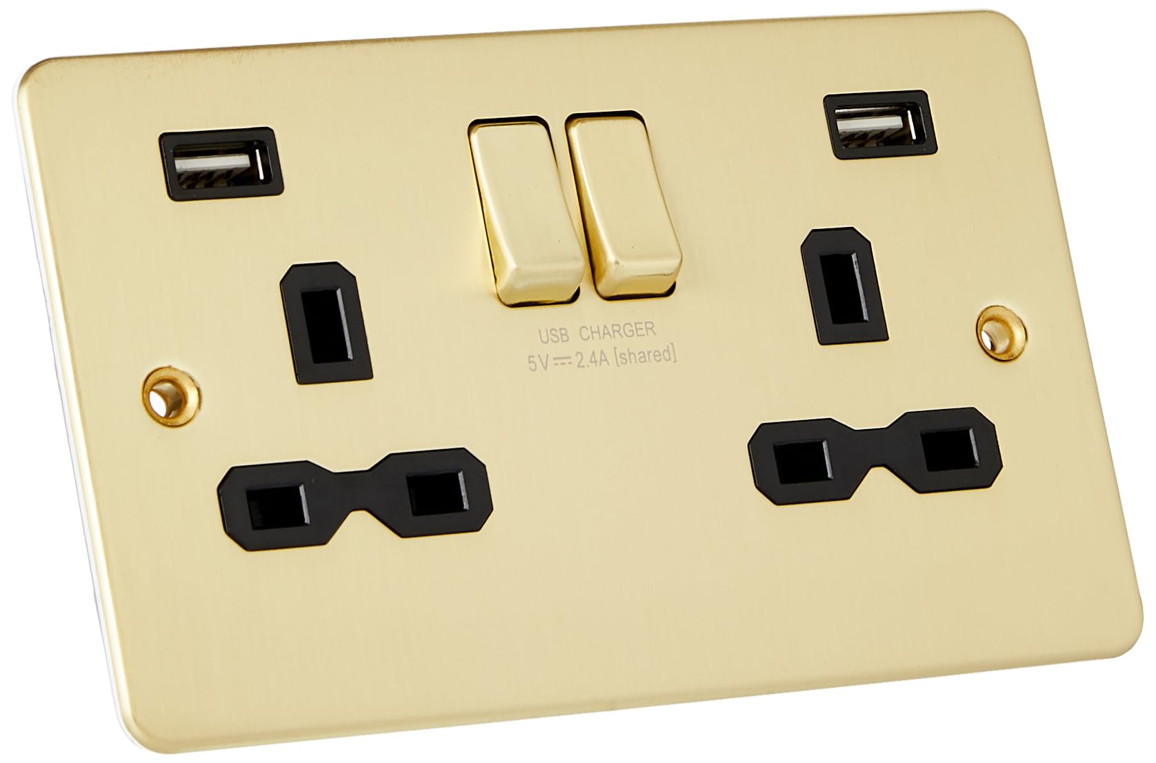 13A 2G Switched Socket with Dual USB Charger A + A (2.4A) - Brushed Brass with Black Insert