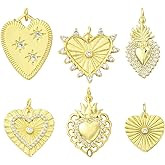 SUNNYCLUE 1 Box 6Pcs 6 Styles Real 18k Gold Plated Brass Golden Heart Charm Sacred Charms Bulk Cubic Zirconia Valentines Cinco de Mayo Love Harts Pendants for Jewelry Making Earrings DIY Craft Finding