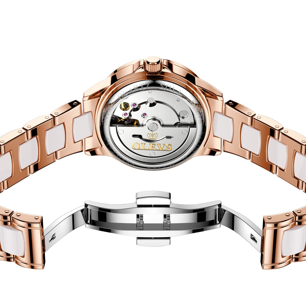 OLEVS Watches for Women Automatic Mechanical Self Winding Rose Gold Ladies Watch Diamond Dress Ceramic Bracelet Waterproof Female Wrist Watch