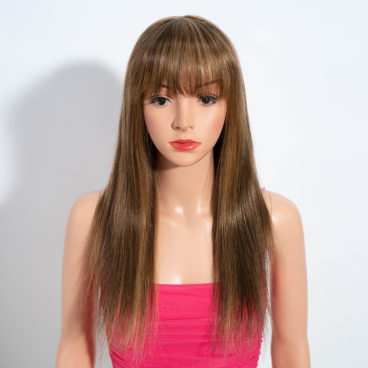 Rebecca Fashion 18 Inch Highlight BlondeStraight Wigs with Bangs Human Hair Wigs for Black Women None Lace Front Wigs 10A Brazilian Virgin Hair Glueless Machine Made Wig