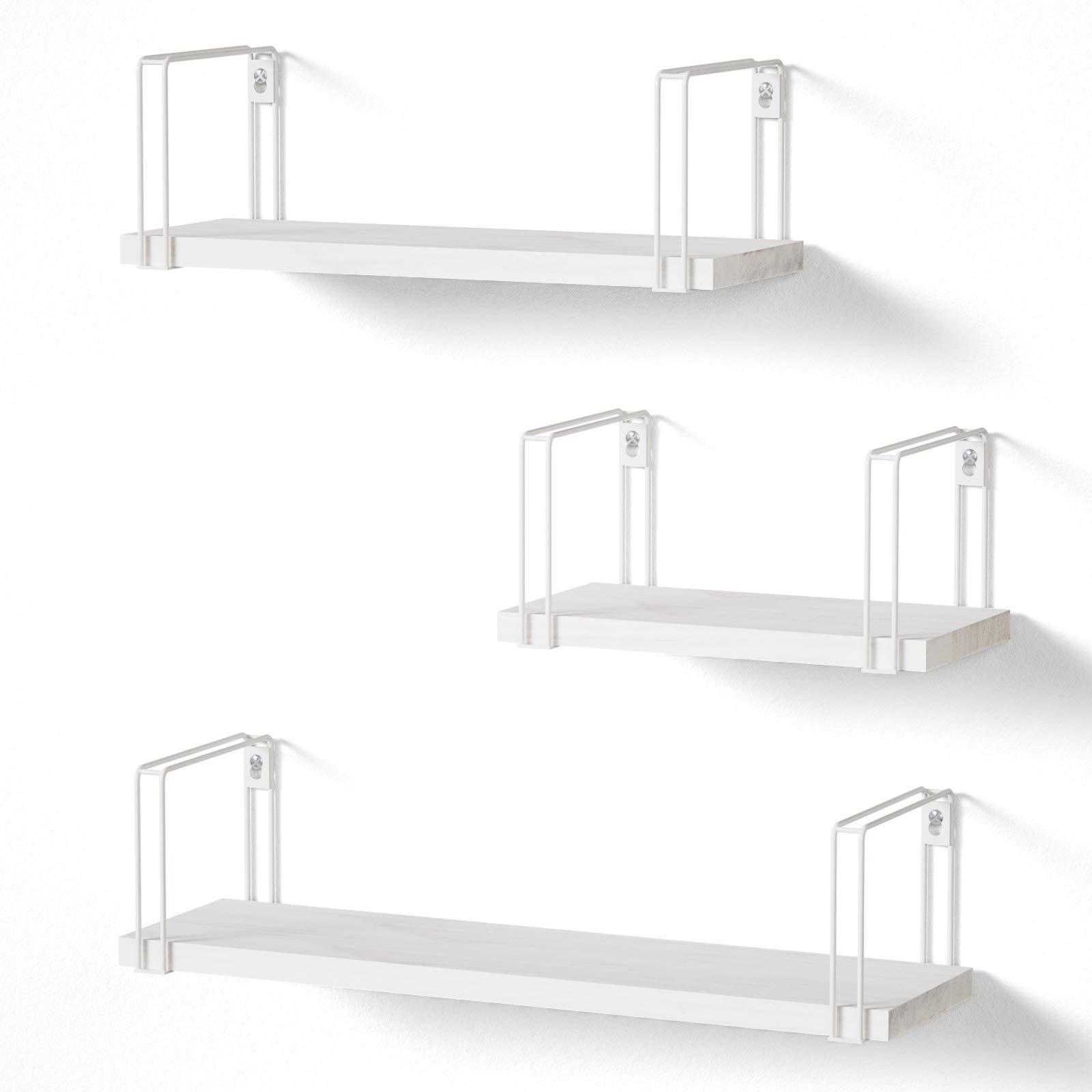 SRIWATANA Rustic Floating Shelves, Decorative Wood Wall Shelves Set of 3, Wall Mounted Storage Shelves for Bedroom, Living Room, Kitchen, Bathroom, Office and More, White