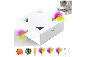 MIGIPAWS Interactive Cat Toys -Migibox for Indoor Bored Cats, Automatic Pop Out Feathers from 7 Holes Randomly, Motion Activated, USB Rechargeable (Purple Skin)