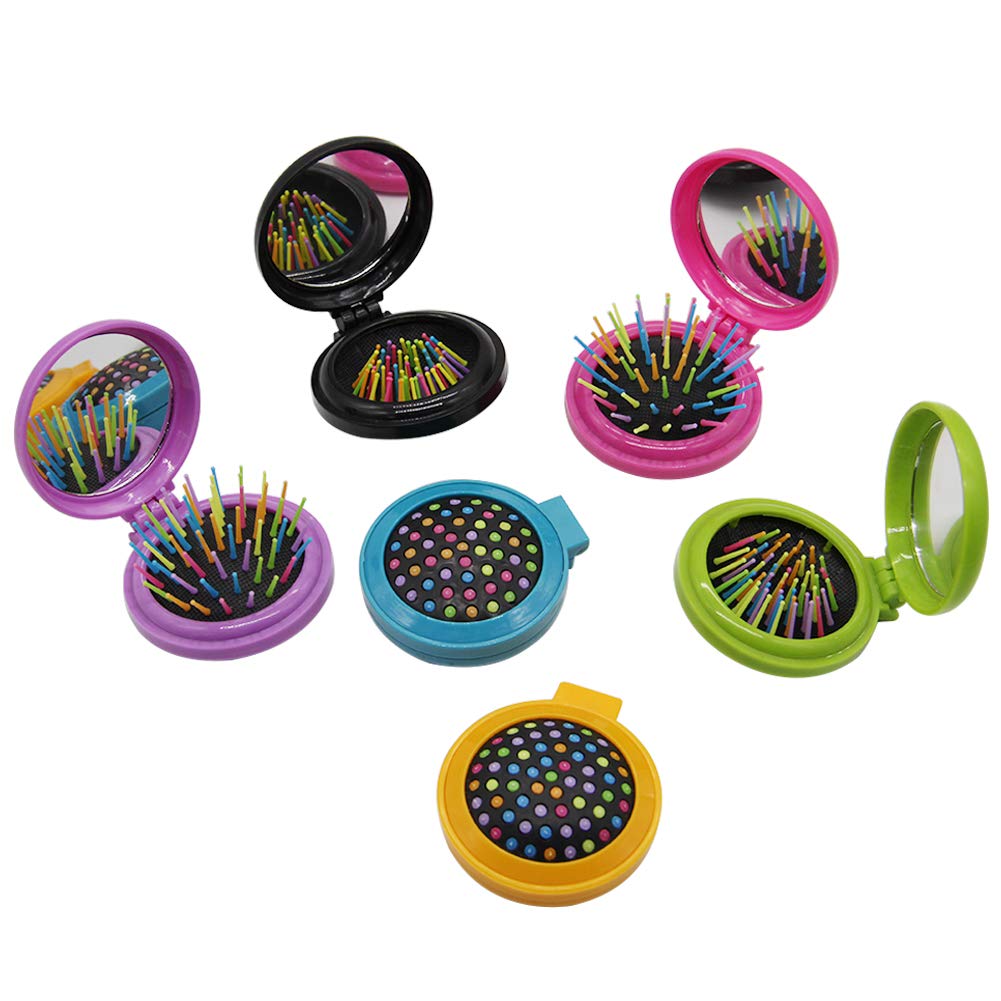 6 PCS Round Travel Hair Brush with Mirror Folding Pocket Hair Brush Mini Hair Comb with Makeup Mirror for Travel (Set of 6)
