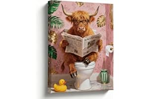Bathroom Wall Art, Funny Highland Cow Reading Newspaper Canvas Print, Farmhouse Bathroom Decor for Guest Bath Powder Room, Re