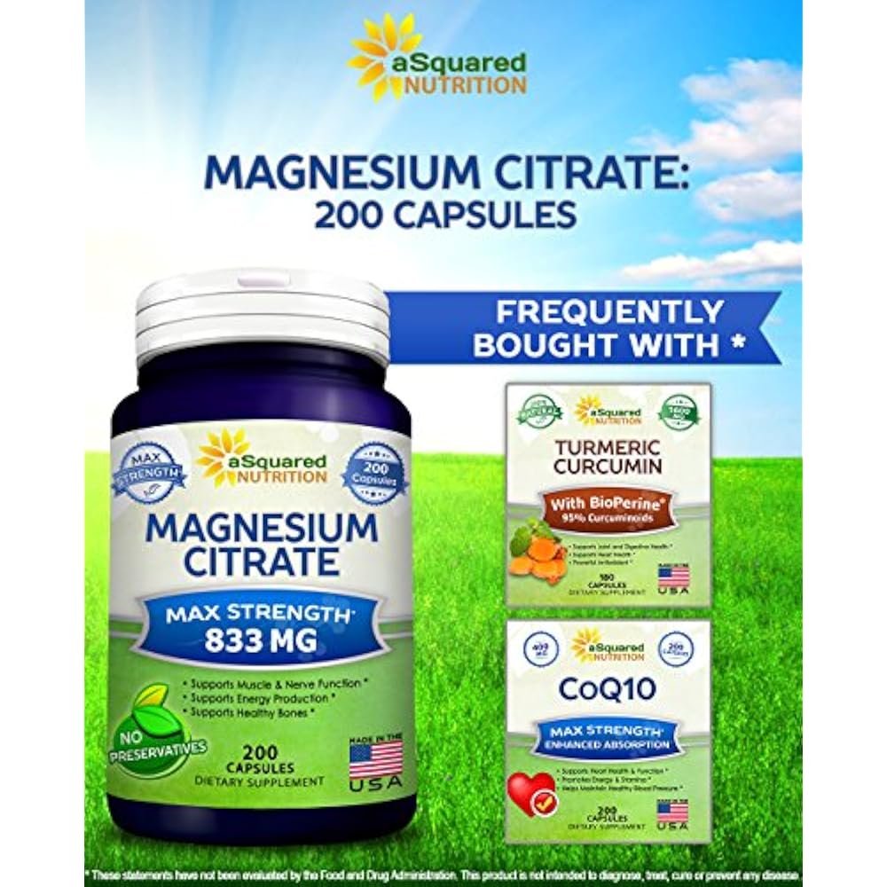 Pure Magnesium Citrate 833mg Supplement 200 Capsules Max Strength