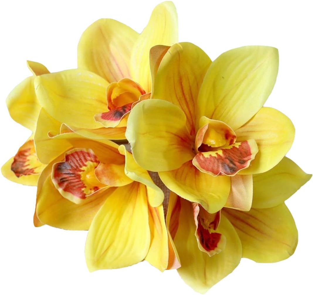 Real Touch 3D Printing 8PCS Cymbidium Orchid High Quaulity Latex Artificial Flower Bouquet for Wedding Holiday Bridal Bouquet Home Party Decor Bridesmaid (Yellow)