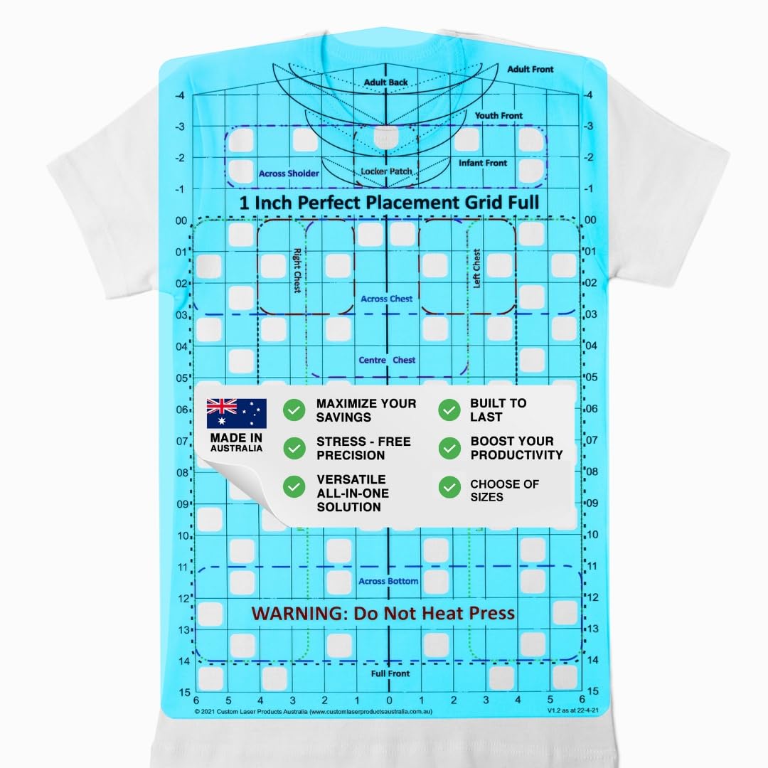 CLPA T-Shirt Ruler Guide — Full Shirt Placement | Shirt Alignment Tool for Heat Press | HTV, DTF and Embroidery | All Positions, Necklines and Sizes | Clear PETG | Made in Australia