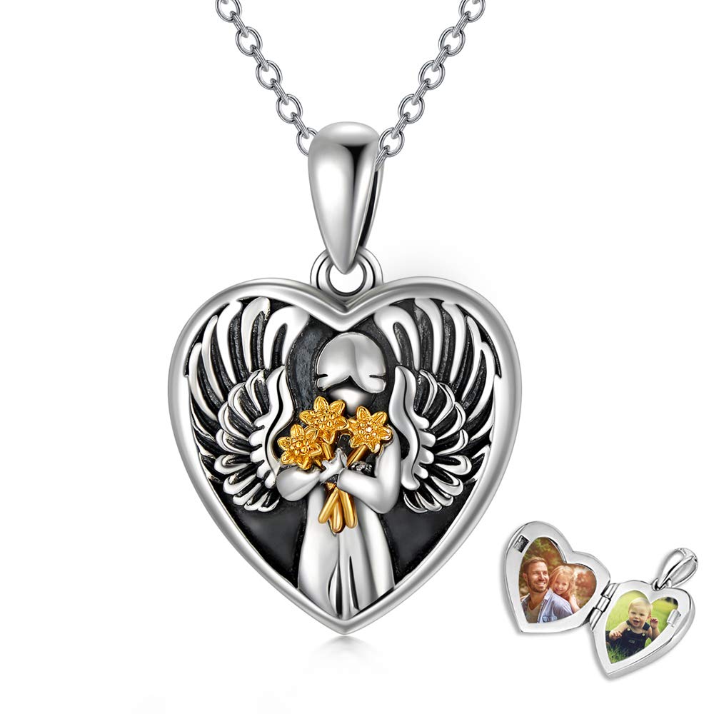 HARMONY BOLA Sterling Silver Angel Heart Locket Necklace Sunflower Photo Pendant Cremation Jewelry Birthday Gift for Women Engraved Forever In My Heart