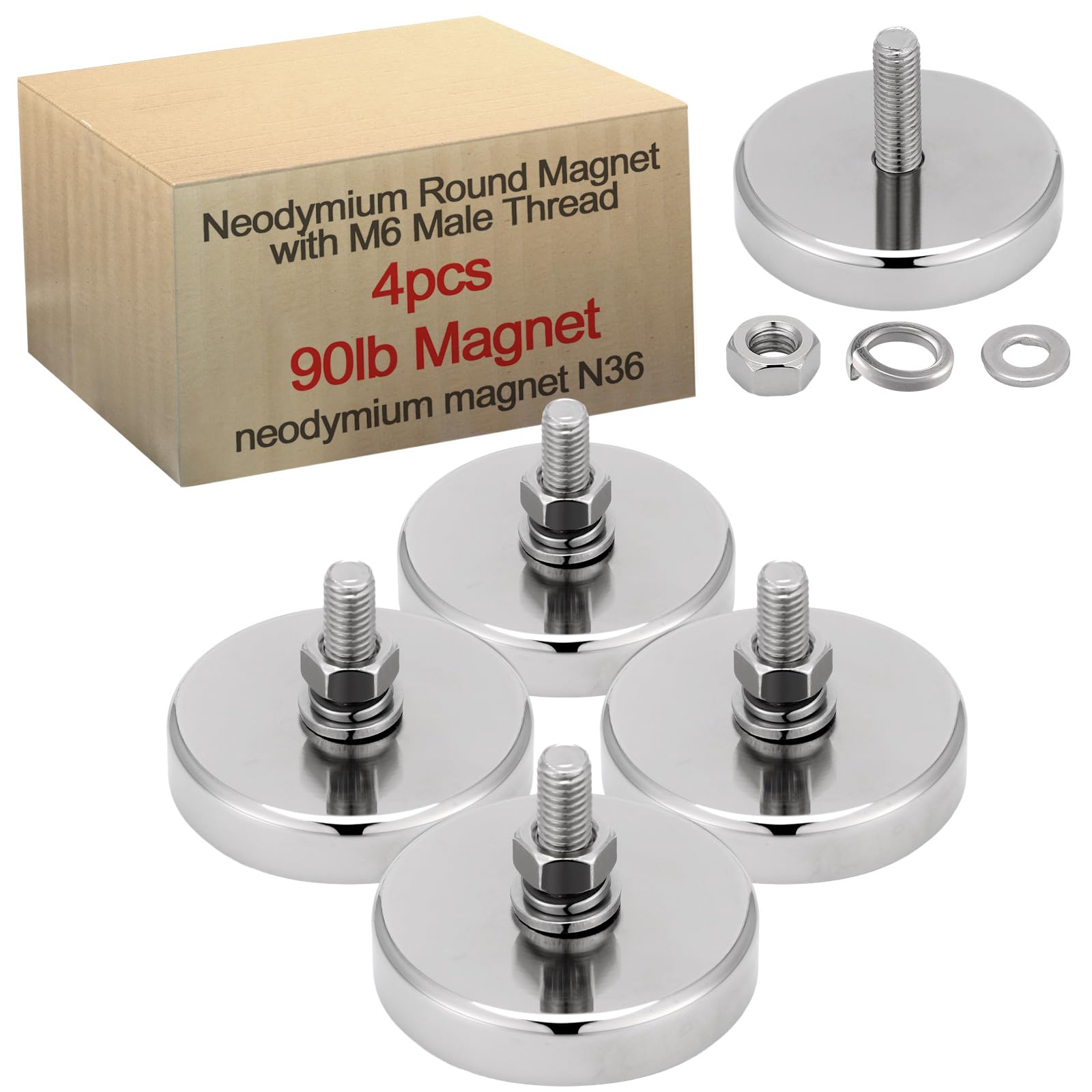 Photo 1 of Flutesan 4 Pieces Super Powerful Neodymium Round Magnet with M6 Male Thread Bolts 90lb Heavy Duty Strong Rare Earth Mounting Magnet with Stud for Lighting Camera Brackets License Plate Outdoor Tools