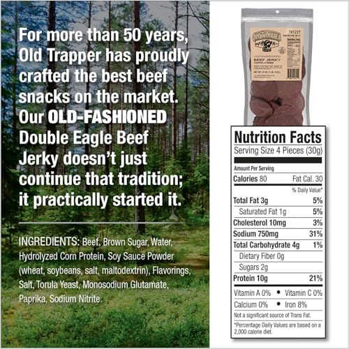 OLD TRAPPER DOUBLE EAGLE BEEF JERKY, OLD-FASHIONED FLAVOR, 21 OUNCE PACKAGE, DELICIOUS JERKY SNACKS, 10 GRAMS OF PROTEIN AND 80 CALORIES PER SERVING (PACK OF ONE)