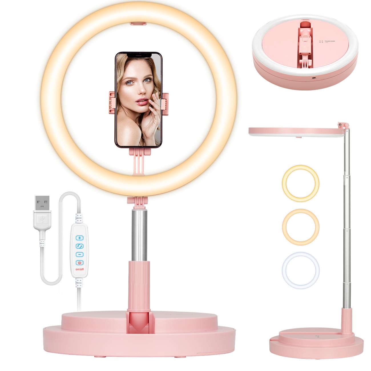 TARION LED Selfie Ring Light - Ring Light with Stand and Phone Holder Cold Shoe Mount, 11.8" Foldable Circle Light, 3 Lighting Modes x 10 Brightness Levels, Adjustable Height from 12.9" to 66.5", Pink