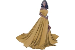 HOMDOR Off Shoulder Satin Prom Dresses Ball Gown Plus Size Formal Dresses for Women Wedding Dress with Slit