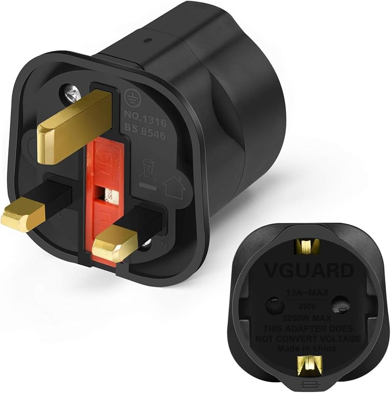 VGUARD EU to UK Plug Adaptor BS8546 13A Fuse Travel Adapter 2-Pin to 3-Pin