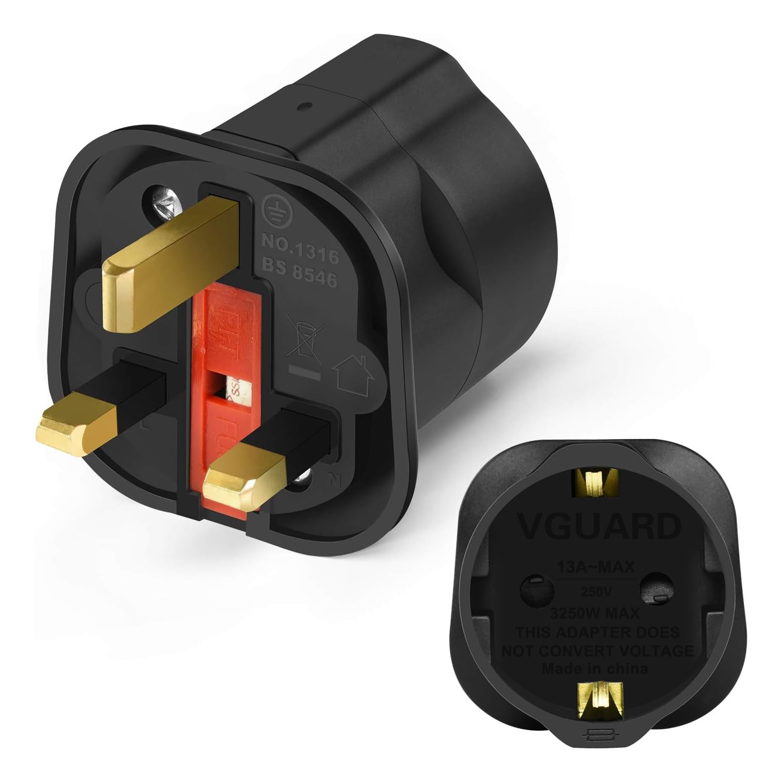 VGUARD European to UK Plug Adaptor, BS8546 Certified Travel Adapter 2-Pin to 3-Pin, EU Schuko to UK Plug with 13A Fuse for Europe French Spanish German Turkish to UK Socket, 1 Pack - Black