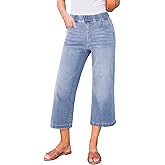 GRAPENT Capri Jeans for Women Wide Leg High Waisted Effortless Flow Pull On Stretchy Denim Elastic Waist Pants with Pockets
