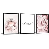 Kalormore 3 Pieces Framed Fashion Canvas Wall Art Pink Rose Flower Picture for Wall Dream Sign Framed Artwork Gift for Girl Woman