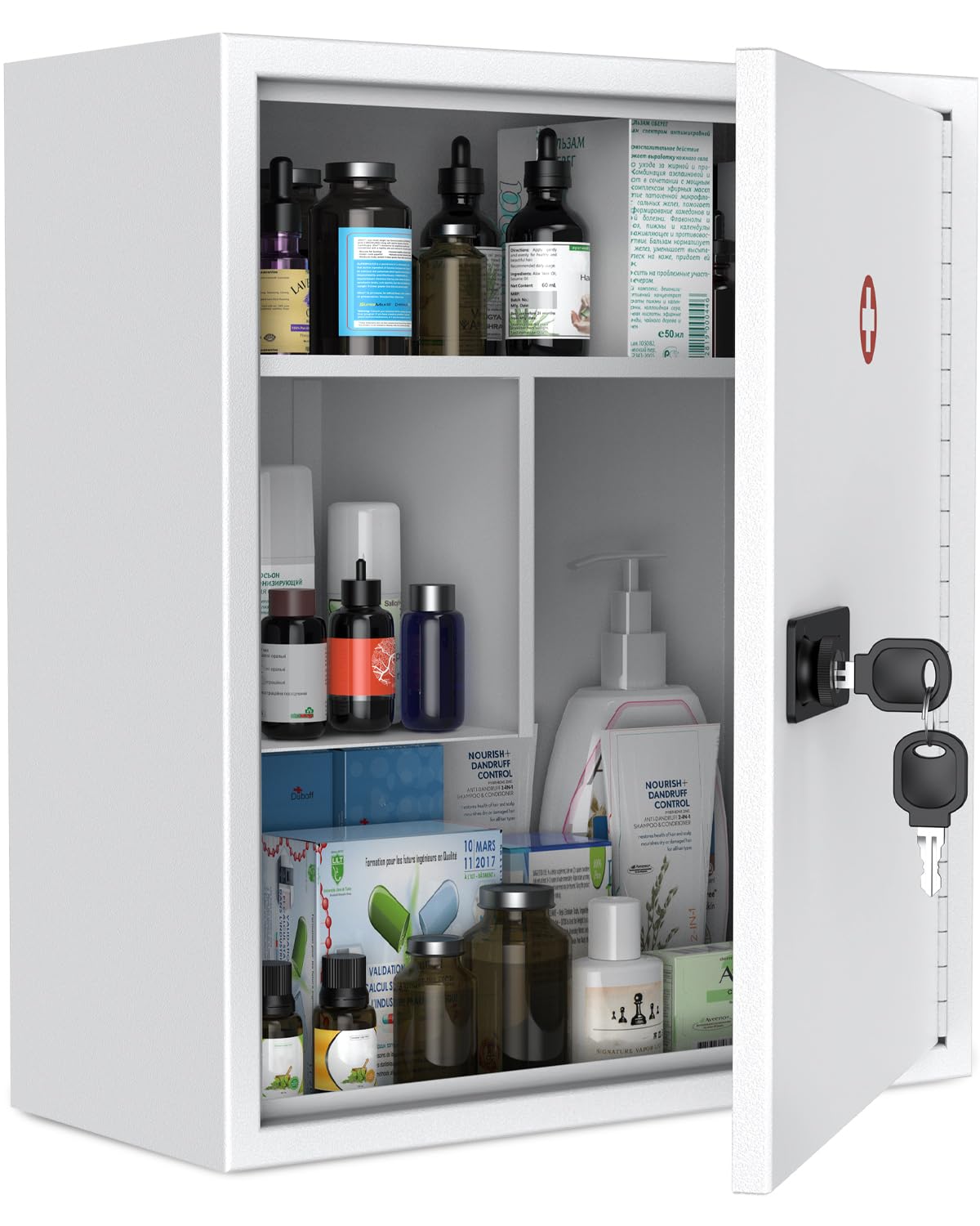 Photo 1 of Uniclife Wall Mount Medicine Cabinet with Combination & Key Lock Locking First Aid Cabinet Lockable Medical Cabinet Large Capacity Medicine Organizer Secure Steel Wall Cabinet Metal Storage Box, White