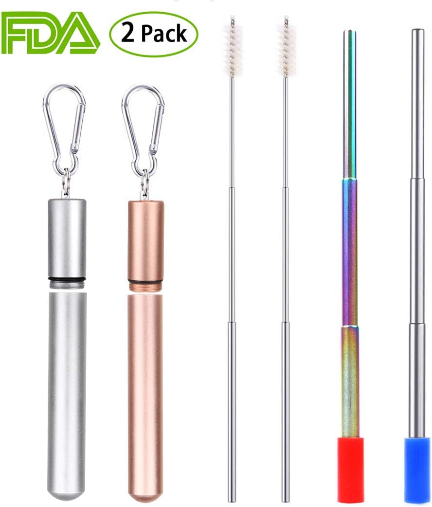 Reusable Telescopic Straw, 2 Pack Portable Metal Straws in Stainless Steel, Drinking Straws with Telescopic Cleaning, Brush Metal Case & Carabiner, Perfect for Travel, Home, Office