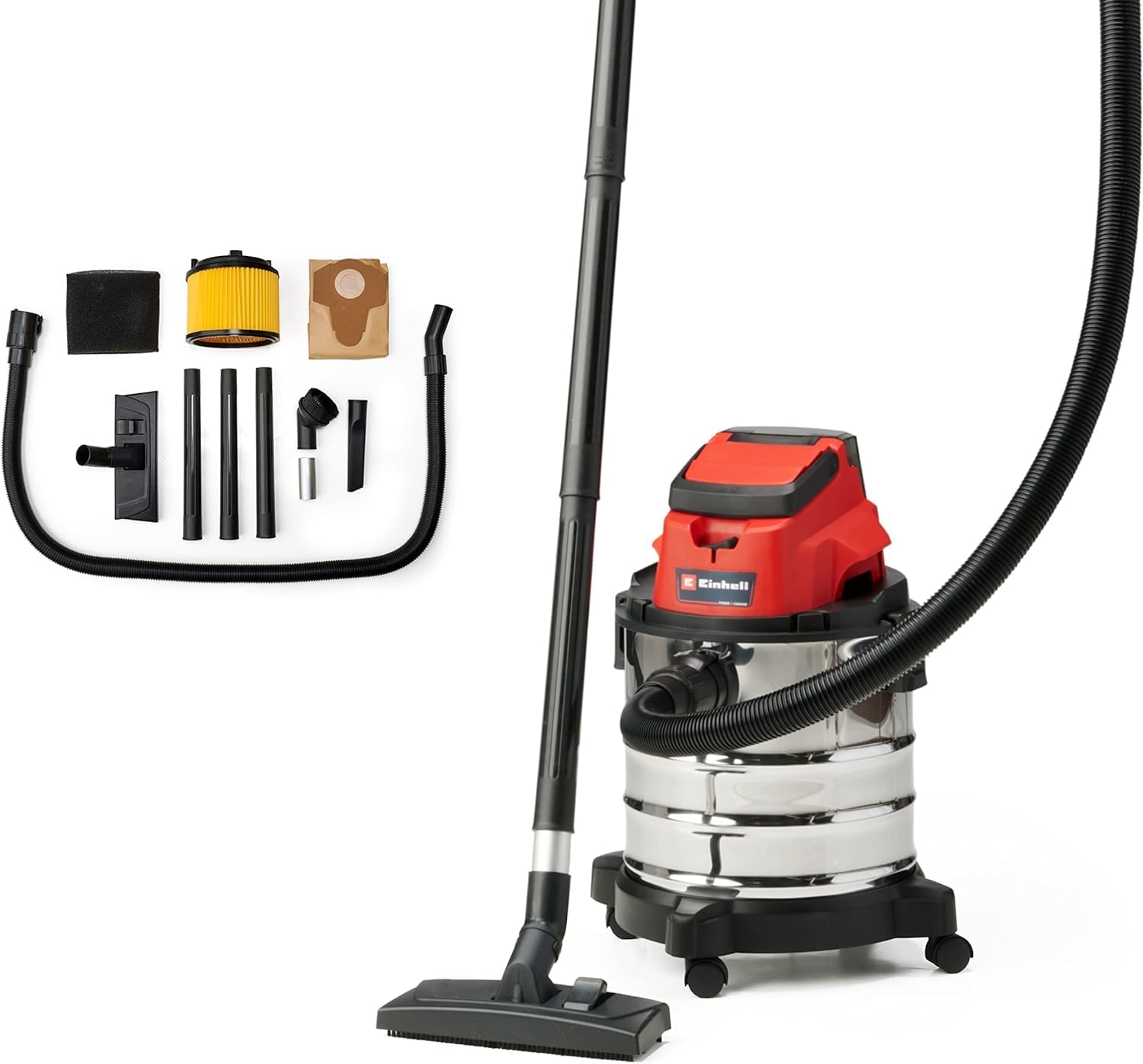 Einhell Cordless Wet and Dry Vacuum Cleaner 18V Power X-Change, 20L Heavy-Duty Stainless Steel Tank, 1.5M Hose, Blow Function Without Battery TE-VC 18 Li Solo