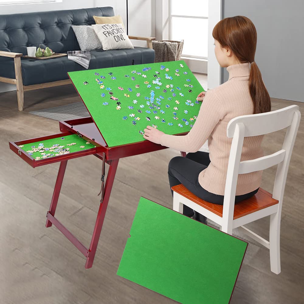 Ynredee Wooden Jigsaw Puzzle Folding Table for Adults & Kids,Jigsaw Puzzle Storage Folding Tilting Table with Board Standing,Portable Board for Games, Gift for Puzzle Amateur (1000 with two Drawers)