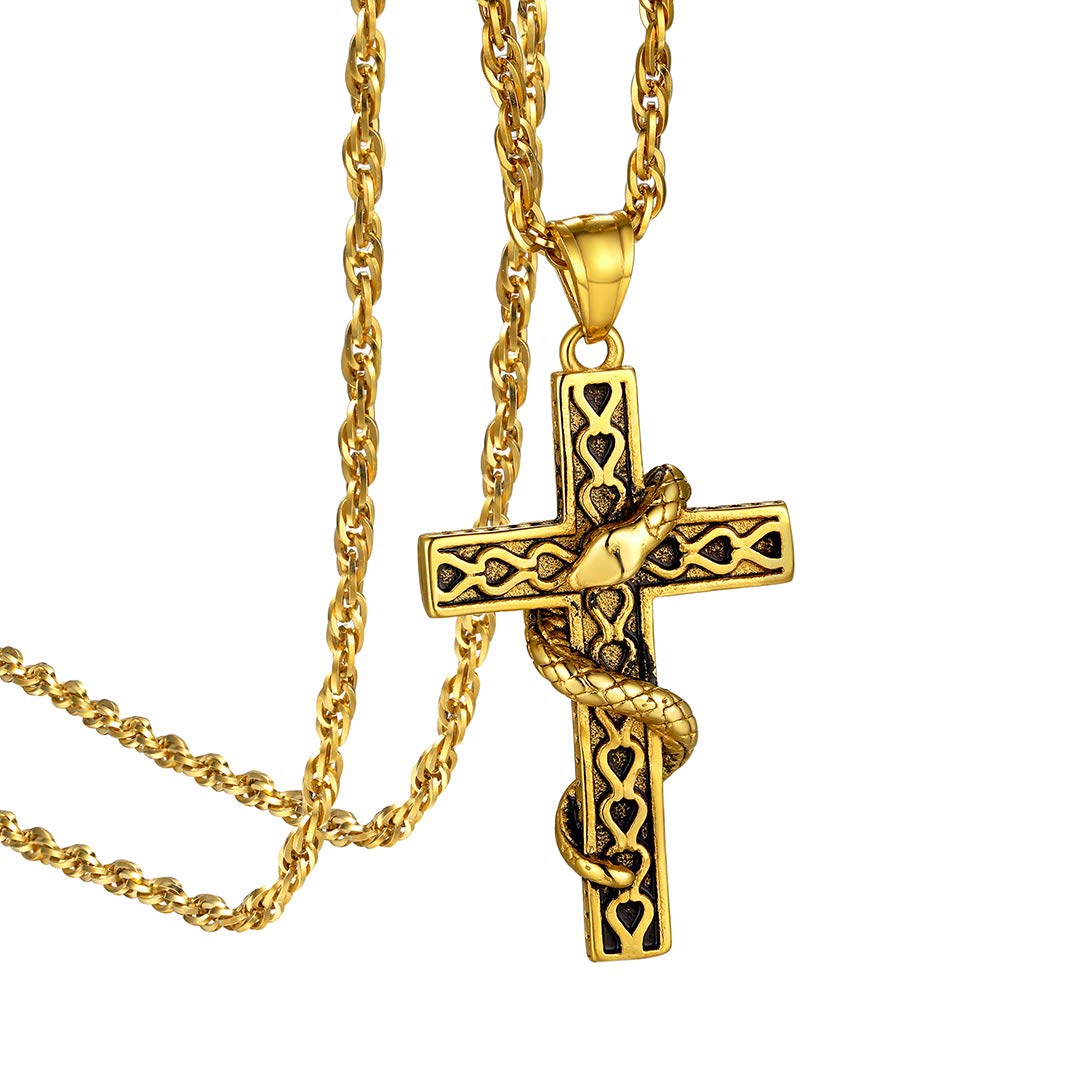 GOLDCHIC JEWELRY Gold Serpent Cross Necklace, Snake Christian Jewellery for Men Women